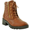 Womens Ankle Boots Lug Sole Chunky Heel Lace Up Quilted Booties Cognac