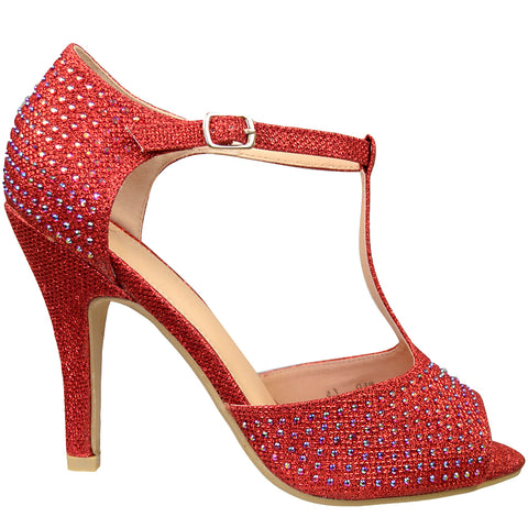 Womens Dress Sandals Rhinestone Studded Glitter High Heel Shoes Red