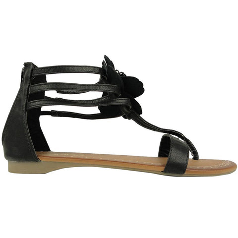 Womens Flat Sandals T-Strap Thong Flower Back Zipper Closure black