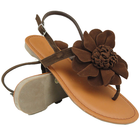 Womens Flat Sandals Thong Velvet Flower Adjustable Ankle Strap Brown