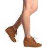 Womens Ankle Boots Lace Up Moccasin Hidden Wedge Shoes Tan