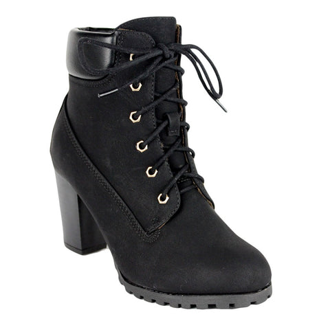 Womens Ankle Boots Rugged Lace Up High Heel Shoes Black