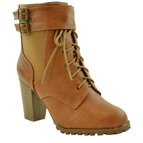 Womens Ankle Boots Lace Up Buckle Accent High Heel Booties Tan