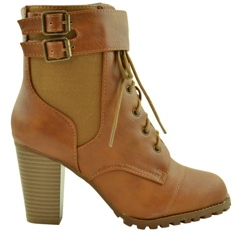 Womens Ankle Boots Lace Up Buckle Accent High Heel Booties Tan