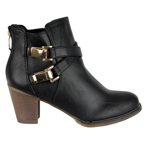 Womens Ankle Boots Strappy Buckle Accent Casual High Heel Shoes Black
