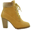 Womens Ankle Boots Lace Up Chunky Heel Rhinestone Booties Tan