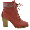 Womens Ankle Boots Lace Up Chunky Heel Rhinestone Booties WINE