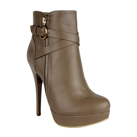 Womens Ankle Boots Strappy Buckle and Zipper Acce Sexy High Heels Taupe