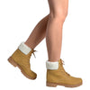 Womens Ankle Boots Fur Cuff Lace Up Faux Leather Hiking Shoes Tan