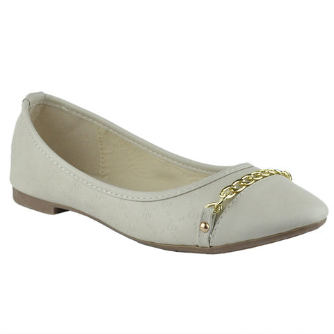 Womens Ballet Flats Front Chain Accent Casual Comfort  Slip On Beige