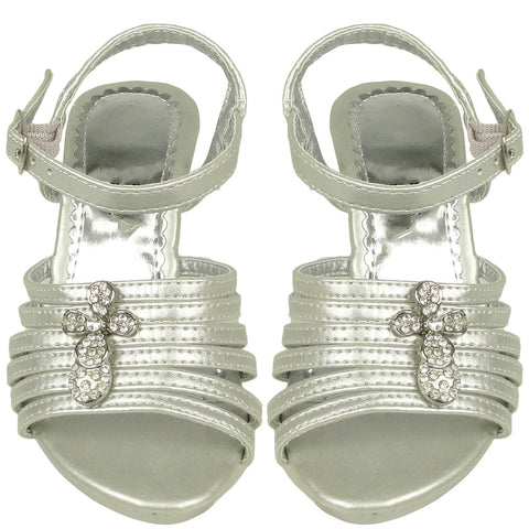 Kids Dress Sandals Strappy Rhinestones Cross Embellishment Silver