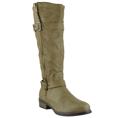 Womens Knee High Boots Rugged Zipper Accent Motorcycle Riding Shoes Taupe