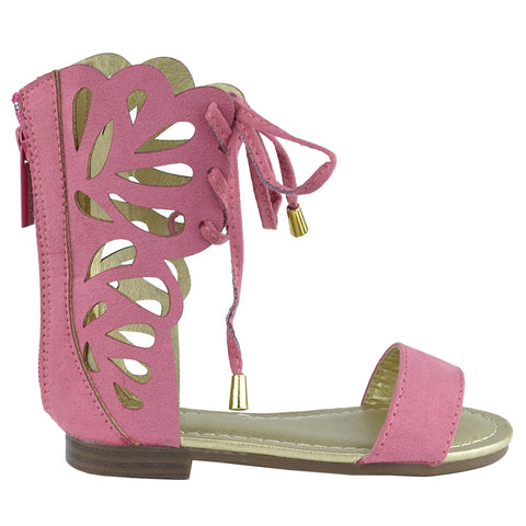 Girls Lace Up Gladiator Mid-Calf Flat Sandals Coral