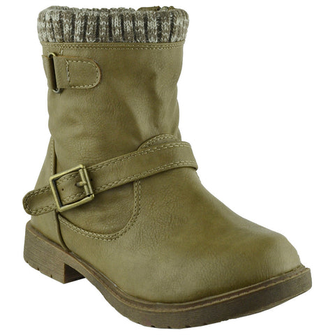 Kids Ankle Boots Knitted Cuff Buckle Accents Combat Shoes Beige