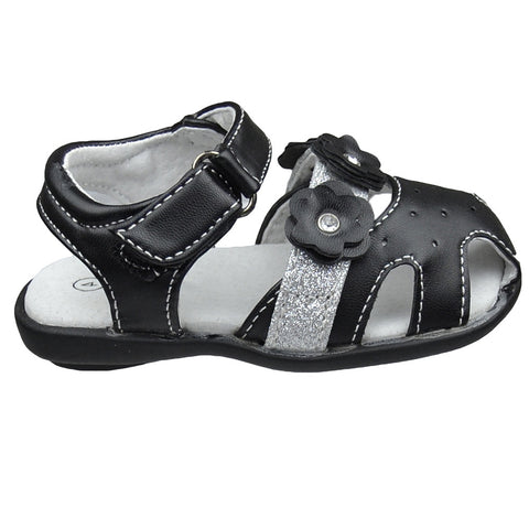 Toddler Flat Sandals Glitter Strap Flower Accent Comfort Dress Shoes Black