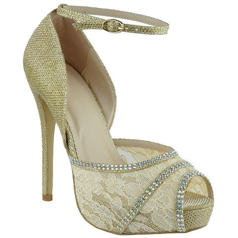 Womens Dress Sandals Mesh Lace Peep Toe High Heel Dress Shoes Gold