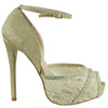 Womens Dress Sandals Mesh Lace Peep Toe High Heel Dress Shoes Gold