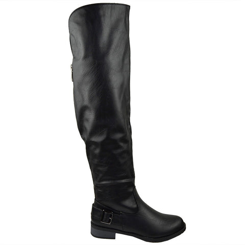 Womens Knee High Boots Multiple Buckle Accent Motorcycle Riding Shoes Black