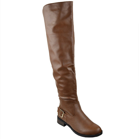 Womens Knee High Boots Multiple Buckle Accent Motorcycle Riding Shoes Cognac