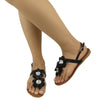 Womens Flat Sandals Thong Flower T-Strap Adjustable Ankle Strap black