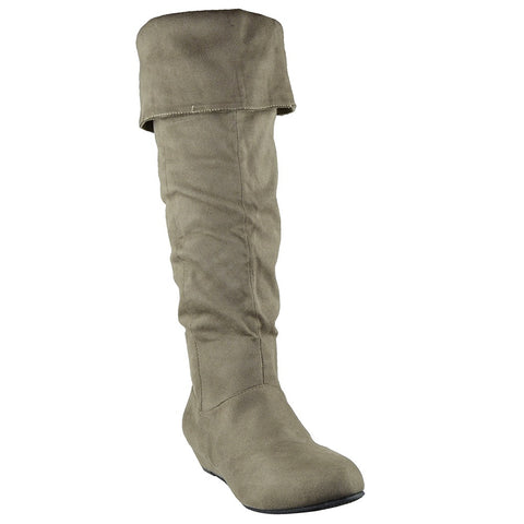 Womens Knee High Boots Fold Over Cuff Flat Comfort Shoes Taupe