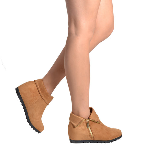 Womens Ankle Boots Faux Suede Cuffed Collar Hidden Wedge Shoes Tan