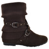 Womens Ankle Boots Slouch Knitted and Suede Cross Strap Buckles Brown