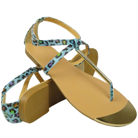 Womens Flat Sandals Metal Thong Leopard Print Ankle Buckle Blue