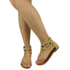 Womens Flat Sandals T-Strap Eyelet Cutout Back Zipper Closure Tan