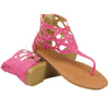 Womens Flat Sandals T-Strap Eyelet Cutout Back Zipper Closure Pink