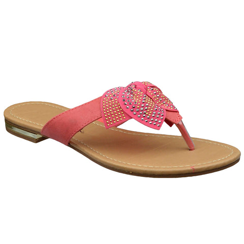 Womens Flat Sandals Studded Bow Accent Slip On Thong Sandal Coral