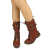 Womens Mid Calf Boots Cross Strap Buckles Combat Casual Comfort Shoes Brown
