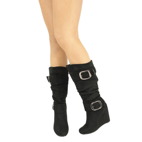 Womens Knee High Boots Faux Suede Wedge Double Side Buckle black