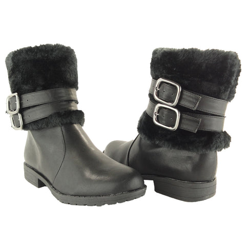 Womens Ankle Boots Leather Faux Fur Cuff Ankle Wrap Buckles Black