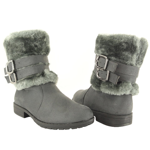 Womens Ankle Boots Faux Fur Cuff Ankle Wrap Buckles Gray