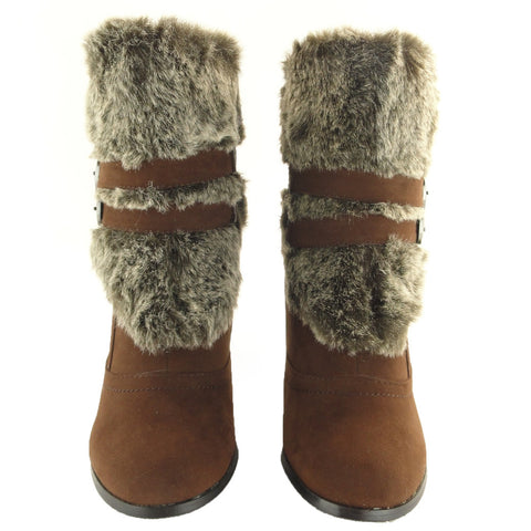 Womens Ankle Boots Fur Cuff Suede High Heel Brown