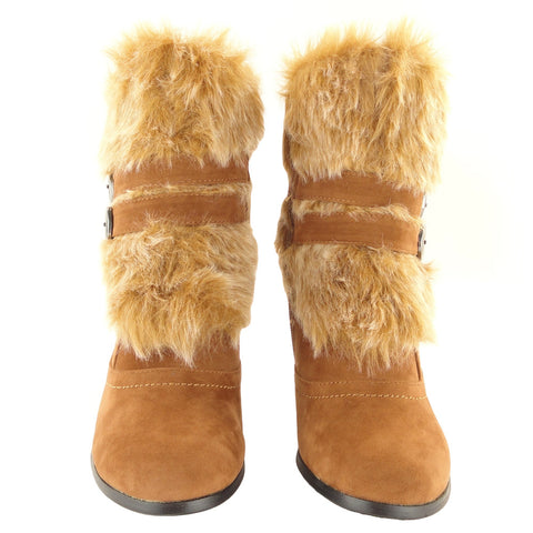 Womens Ankle Boots Fur Cuff Suede High Heel Tan