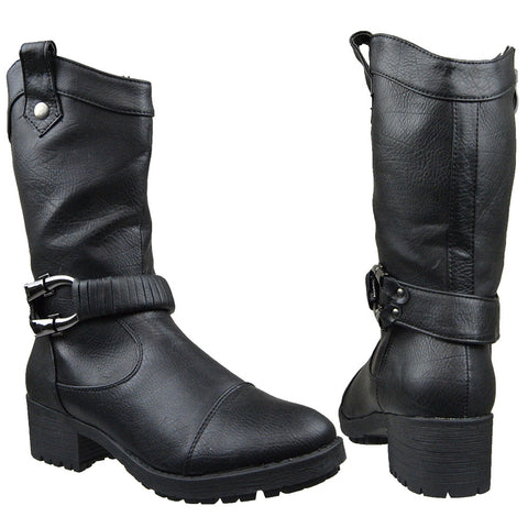 Womens Mid Calf Boots Side Buckle Accent Zip Up Comfort Shoes Black