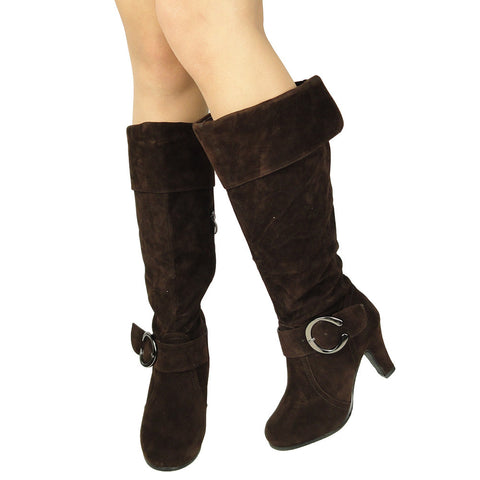 Womens Knee High Boots Folded Cuff Buckle Accent Side Zipper Closure Brown