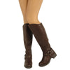 Womens Knee High Boots Leather Motorcycle Riding Low Heel Side Buckle Brown