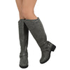 Womens Knee High Boots Leather Motorcycle Riding Low Heel Side Buckle Gray