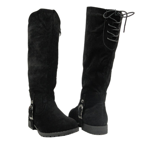 Womens Mid Calf Boots Suede Ankle Buckle Lace Up Back black