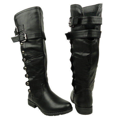 Womens Knee High Boots Side Rounded Studs Buckle Casual Comfort Shoes black