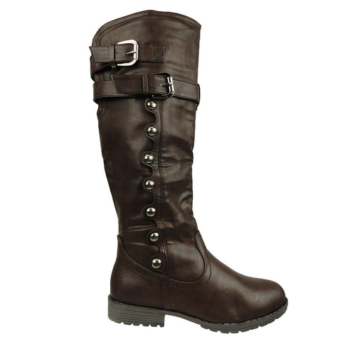 Womens Knee High Boots Side Rounded Studs Buckle Casual Comfort Shoes Brown