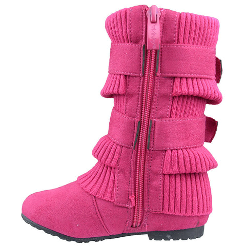 Kids Mid Calf Boots Ruched Knitted Buckle Straps Pink