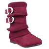 Kids Mid Calf Boots Ruched Knitted Buckle Straps Red