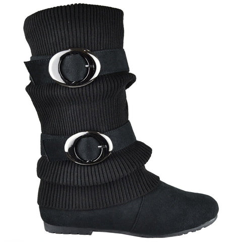 Womens Mid Calf Boots Ruched Knitted Buckle Casual Comfort Shoes black