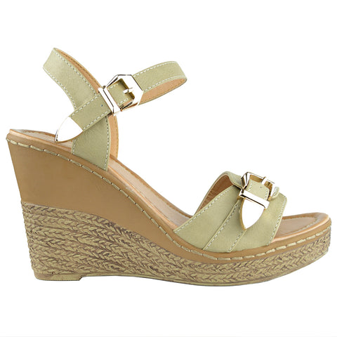 Womens Platform Sandals Front Buckle Accent High Wedge Shoes Beige