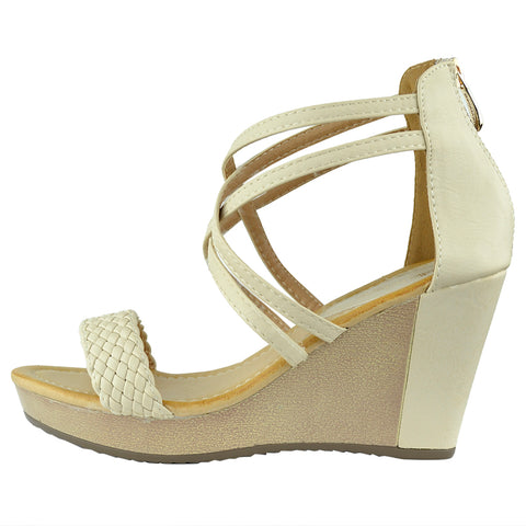 Womens Platform Sandals Weaved Strappy High Wedge Shoes Beige