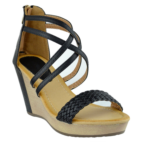 Womens Platform Sandals Weaved Strappy High Wedge Shoes black